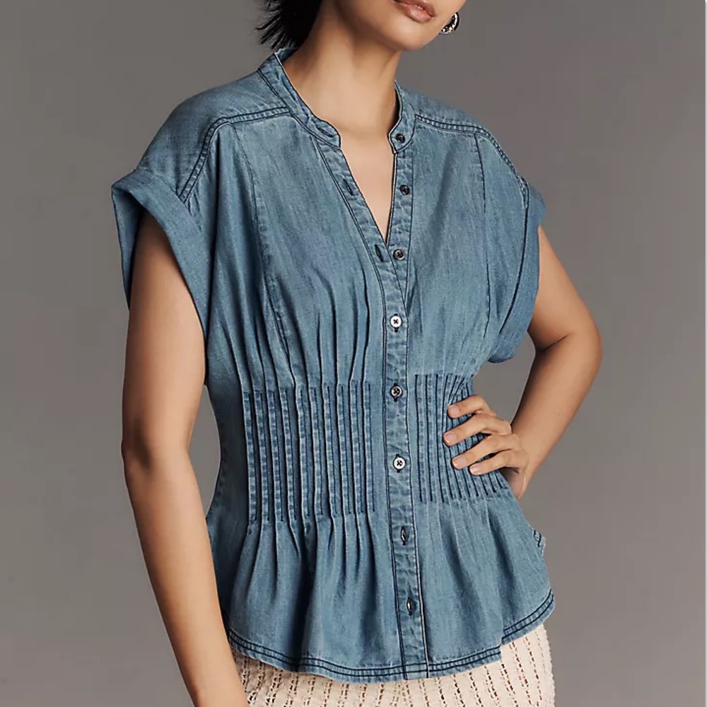 Anthropologie Pilcro Short Sleeve Pleated Corset Blouse Top S Boho Western